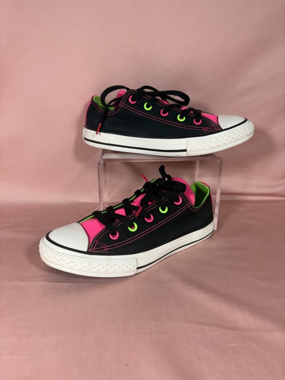Converse CTAS Double Tongue Blk/Pink/Lime Green Low Top Sneakers SZ Junior 1